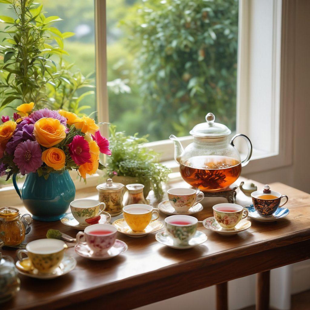 A soothing tea scene featuring a beautifully arranged table with a colorful variety of tea infusions, including floral and fruity blends, surrounded by vibrant flowers and greenery. Soft sunlight filters through a window, illuminating delicate teacups and a steaming teapot. A cheerful, cozy atmosphere invites the viewer to bask in the joy of tea. Painting. vibrant colors. soft focus.