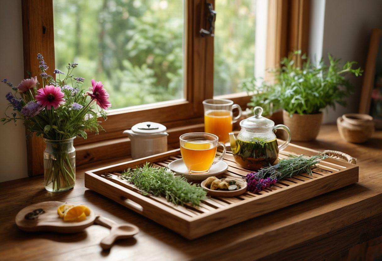 A cozy scene featuring a steaming cup of organic herbal tea surrounded by fresh herbs and flowers, with a backdrop of a sunlit kitchen filled with greenery. Soft light filtering through a window highlights the vibrant colors of the tea and its ingredients, inviting a sense of tranquility and sustainability. Include elements like a bamboo tea tray and rustic wooden spoons. super-realistic. vibrant colors. warm and inviting atmosphere.