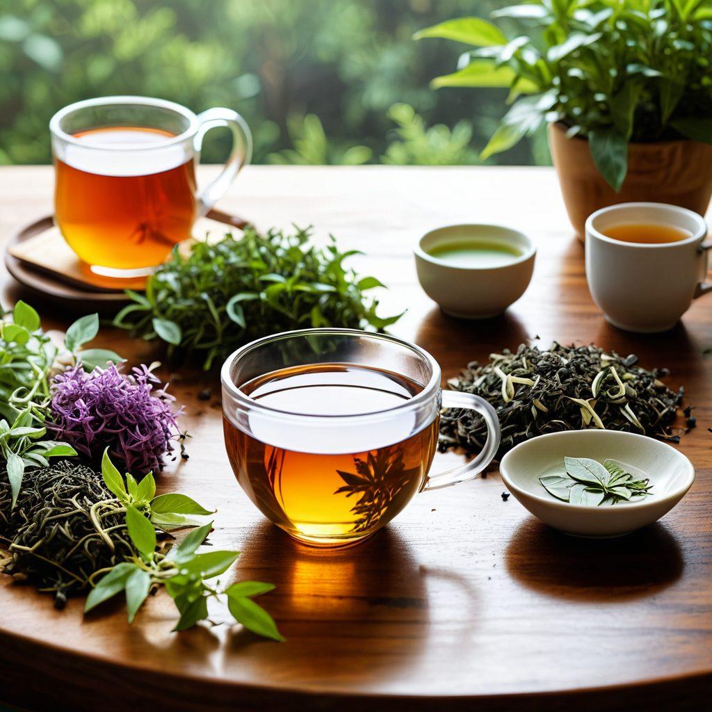 A serene tea setting featuring a variety of eco-friendly tea leaves and blends arranged beautifully. Include a steaming cup of herbal tea on a natural wooden table, surrounded by lush green plants and soft sunlight filtering in. Highlight biodegradable tea accessories like compostable bags and sustainable tea infusers, enhancing the theme of wellness and nature. super-realistic. vibrant colors. natural light.